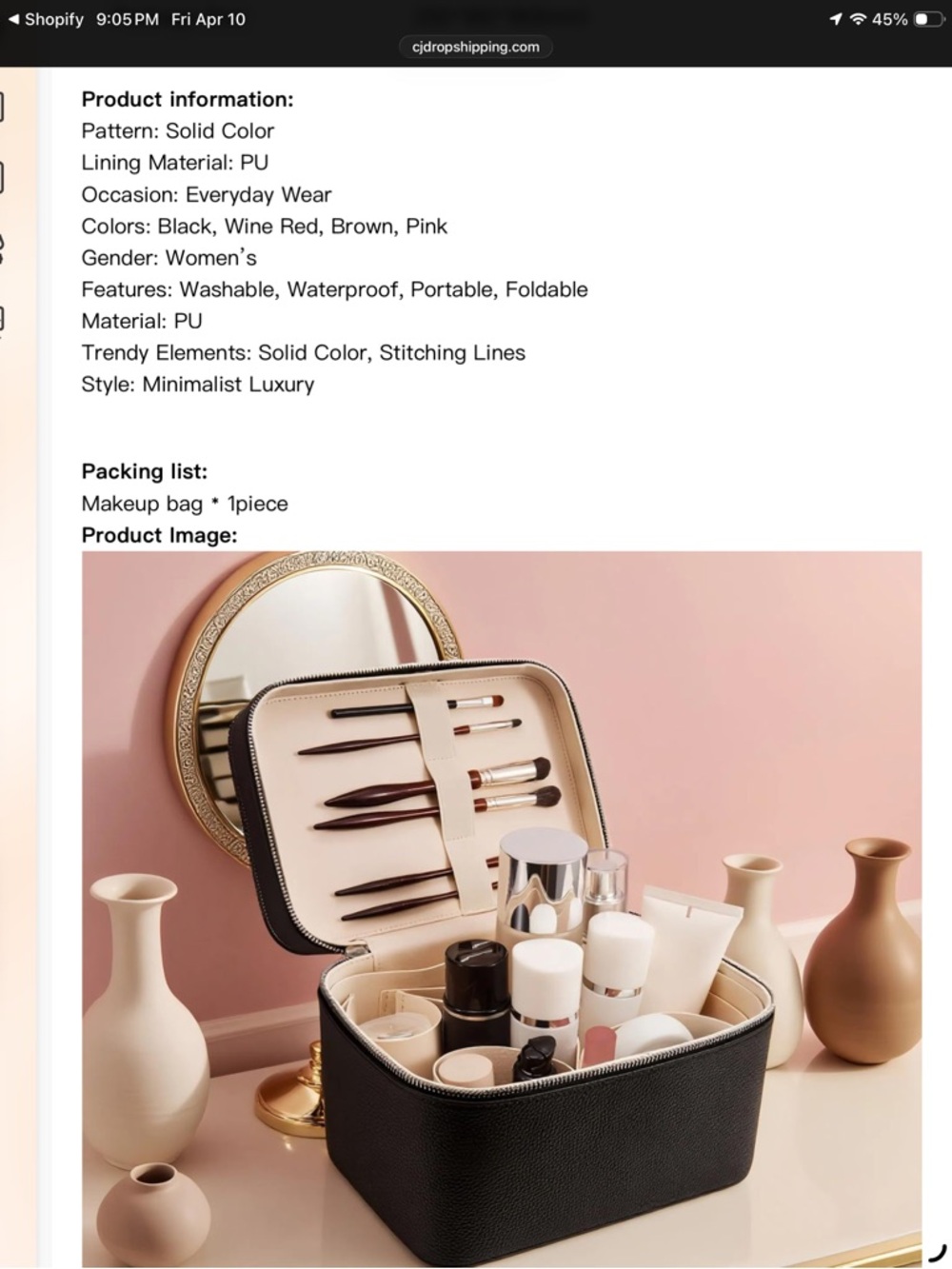 Black Faux Leather Travel Makeup Case with Cream Interior